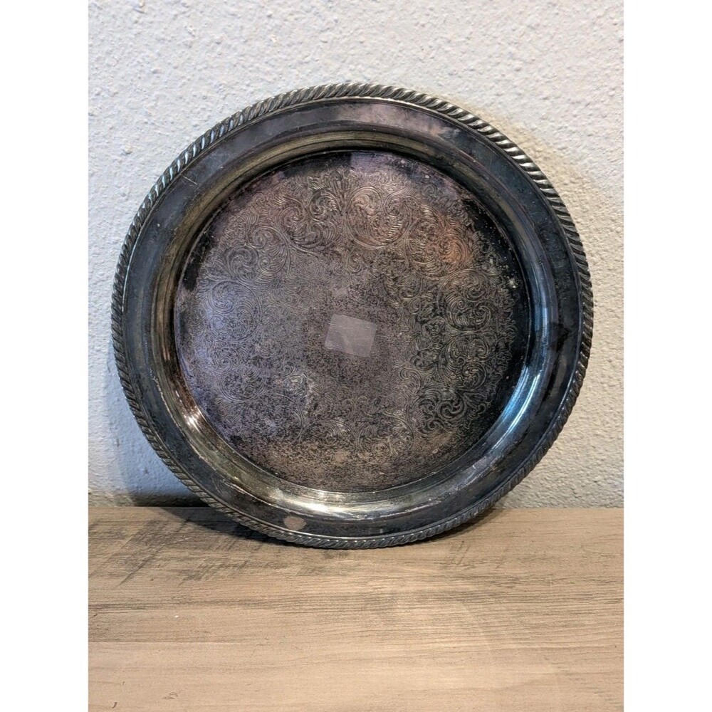 Vintage Wm Rogers Silverplate Round Serving Tray 12” Floral Engraved 771